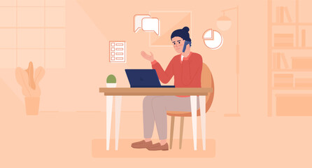 Wall Mural - Telephone sales representative flat color vector illustration. Salesperson reaching potential customers with calls. Hero image. Fully editable 2D simple cartoon character with office on background