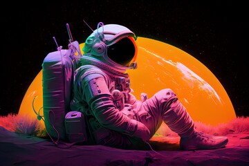 astronaut resting on the neon planet. Generative AI