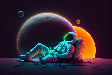 Wall Mural - astronaut resting on the neon planet. Generative AI