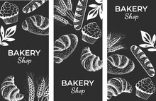 Vector Vintage Drawing Of Bread And Pastries. Design For Banner, Flyer, Logo, Poster. Vector Elements On The Theme Of Baking.