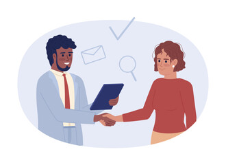 Poster - Closed deal in sales 2D vector isolated spot illustration. Official agreement. Salesperson and female client flat characters on cartoon background. Colorful editable scene for mobile app, website