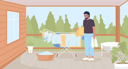 Poster - Drying clothes without dryer for energy saving flat color vector illustration. Man using rack for clean towels. Hero image. Fully editable 2D simple cartoon characters with back porch on background
