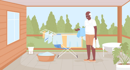 Wall Mural - Drying towels outside to reduce electricity bills flat color vector illustration. Elderly man with wet clothes. Hero image. Fully editable 2D simple cartoon character with backyard patio on background