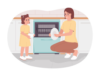 Poster - using dishwasher to save water 2d vector isolated spot illustration. mother with daughter washing pl