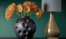  A Black Vase With Yellow Flowers In It Next To A Lamp.  Generative Ai