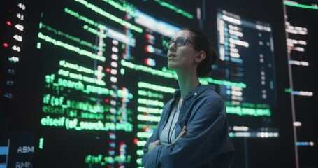 Poster - Portrait of Young Woman Looking at Big Digital Screens Glitching While Displaying Code Lines. Worried Professional Programmer Trying to Fix a Bug, Dealing with Crashing System, Thinking of Solutions