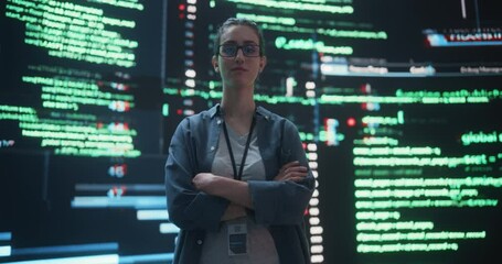 Poster - Portrait of Woman Looking at Camera and Crossing Arms With Big Digital Screens Glitching in the Background. Professional Female Hacker Posing after Breaking Through Cybersecurity Protection System