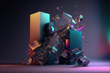 Poster - Luxurious abstract background. Simple glass figures. Frozen multicolored liquid. Gradient light. 3D rendering. Generative AI.