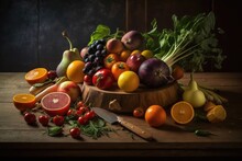 Organic Fruits And Veggies, Freshly Picked, On A Wooden Table. Generative AI