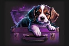 Illustration Of A Puppy Dog In Travel Portrait Above A Luggage. Separated From The Background; Colored Purple. Generative AI