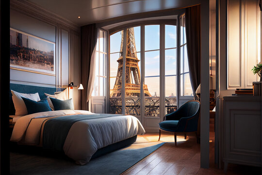 interior of a luxurious room in an expensive hotel in paris, france. the eiffel tower is visible thr