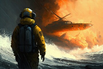 Sticker - A firefighting amphibious boat squadron would use seawater to douse a blaze. A wind surfer looks on in the foreground. Generative AI