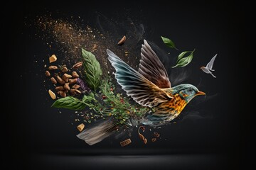 Canvas Print - Herbs and spices in flight, frozen in mid air on a dark background. Idea of eating something that has flown through the air. Generative AI