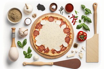 Sticker - Pizza making tools and ingredients on a wooden pizza board, laid out on a white concrete slab. Top down perspective. White space for use with text, recipes, or cafe restaurant menus. Generative AI