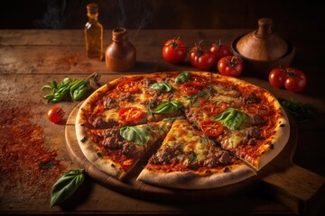 Wall Mural - Wood fired pizza topped with minced meat, tomatoes, onions, and wood slices. toning. concentrated effort on a subset of topics. Generative AI