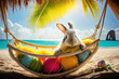 Osterhase macht Urlaub in der Hängematte auf einer Insel unter Palmen in der Karibik