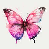 Fototapeta Motyle - Beautiful pink butterfly, top view. Watercolor illustration of a pink butterfly. Generative AI art.