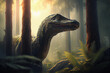 Brontosaurus in the primeval forest. Aspect ratio 3:2