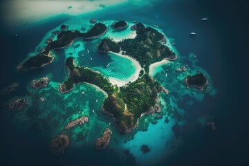 Canvas Print - Incredible aerial view of a tropical island in the middle of the ocean from a plane. Places to Visit in Thailand. Generative AI