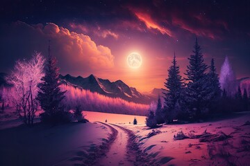 Wall Mural - Fantastic nighttime scenery illuminated by the sun A dramatic winter setting. Natural park. Carpathians, Ukraine, and then Europe. Beautiful world Retro filter. Instagram effect of toning. Vivid viole