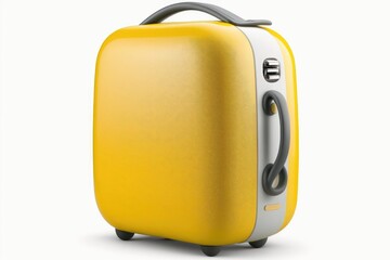 Wall Mural - Isolated against a white background is a small yellow polycarbonate suitcase. Concept of luggage or bags for travel. Generative AI