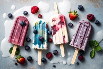 Sticker - Popsicles made with yogurt and assorted berries cooked at home. White wood background with a top down perspective. Generative AI