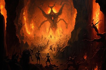 Canvas Print - Illustration of agony and eternal damnation in a painting of hell. Generative AI