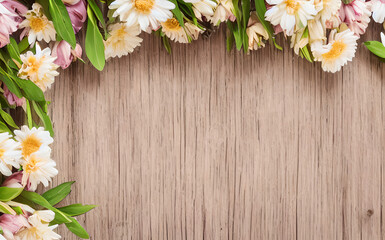 flowers on wooden background, generative ai spring time banner, blossoms on wooden floor / wooden boards / timber surface, season spring design