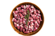 Raw Chicken Hearts In A Wooden Plate With Herbs. Organic Offals.  Isolated, Transparent Background
