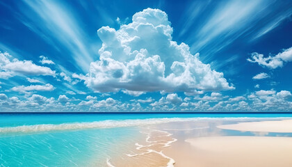 Wall Mural - Beautiful tropical beach with blue sky and white clouds. Generative AI.