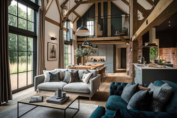 Wall Mural - A converted barn that's been transformed into a stunning modern living space, complete with soaring ceilings and industrial-style accents - Generative AI