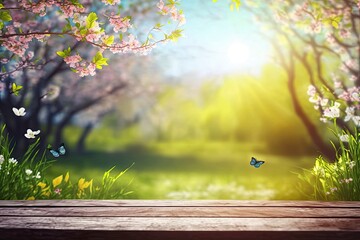 Wall Mural - spring table. blossoms and butterfly in sunny garden with defocused lights. wood table with pink che