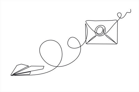 continuous one line drawing of 
Email message post letter send illustration sketch outline drawing.One line paper plane and envelope.  