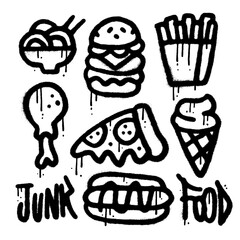 set of junk food elements in urban graffiti style. noodle, burger, french fries, pizza, ice cream, h