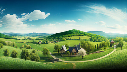 Realistic panorama landscape of spring village with green meadow and mountain