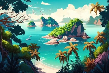 Poster - A scenic view of the seashores of certain tropical islands. Scene from the coast of a tropical island. Scenery of an island's coastline by the sea. Scenic view of the coast of a tropical island in the