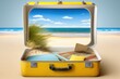 A summery beach scene unfolds inside an opened yellow suitcase. Travel and tourism itineraries arranging a getaway, holiday, or vacation. Generative AI