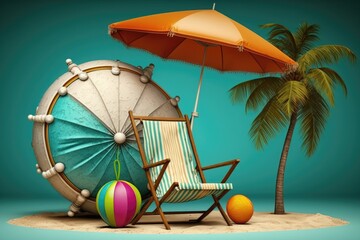 Poster - Chair, umbrella, ring, ball, and coconut palm all symbolize summer and the beach. time off for the holidays, vacation, etc. Generative AI