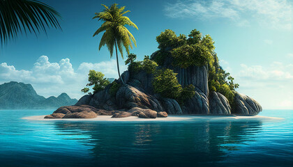 Realistic beautiful palm tree on tropical island beach background, Generative AI