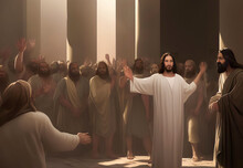 Painting Of Jesus Surrounded By An Angry Crowd Arguing With Pharisees In A Temple, Created With Generative AI Technology