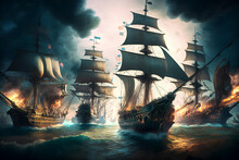 Historical Painting Of Sea Battle In Late 18th Early 19th Century, Ships Ablaze, Created With Generative AI Technology