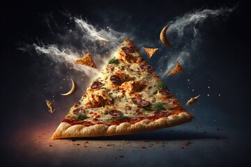 Wall Mural - Crumbs of pizza fluttering in the air, seasoned with herbs, sauce, and spices, against a smoke filled, nighttime background. Generative AI