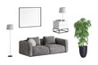 Set of isolated modern living room furniture 6. Perspektive view. Modern gray sofa with pillows, blank poster, floor lamp, lamp with books on the rectangular nightstand, plant in a black pot.3d render