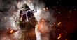 © Arsentyev Vladimir - An armed soldier in military uniform aims with a rifle. One. Smoke, sparks, poster