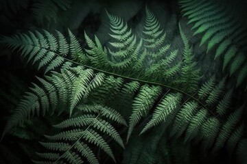  Green leaves of fern in mystic forest. Generative AI