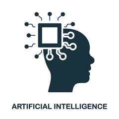 Poster - AI in Human Brain Glyph Pictogram. Artificial Intelligence Silhouette Icon. Digital Technology and Machine Learning Solid Sign. Intellectual Process in Cyberspace Symbol. Isolated Vector Illustration
