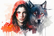 Red Riding Hood and the wolf, fairy tale by the Grimm Brothers, watercolor painting, generative AI.