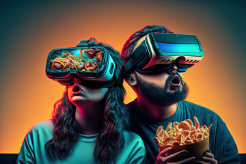 Couple, Man and woman in VR glasses into virtual reality metaverse. VR game playing, digital technology, neon colors. AI generative