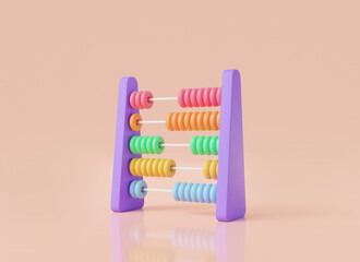 3d abacus with colorful beads. Math device calculate, abacus for kids learning counting, counting number. Financial management and math education concept. 3d rendering illustration. on pink background