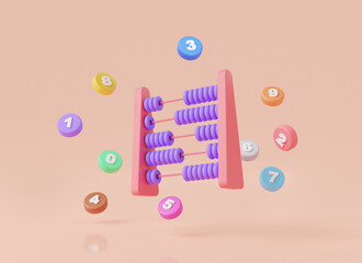 Abacus icon with colorful beads and number. Math device calculate, calculator for accounting, kids learning counting. Financial and math education concept. 3d cartoon minimal rendering illustration